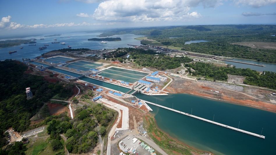 An aerial view of Panama Canal locks